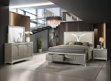 Master Champagne bed front view with LED-lit headboard