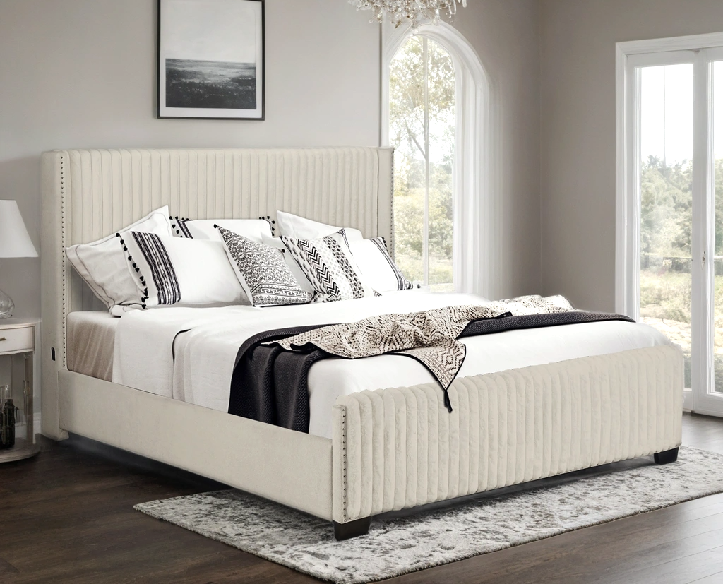 Harry Beige Upholstered Queen Panel Bed side angle with USB outlets
