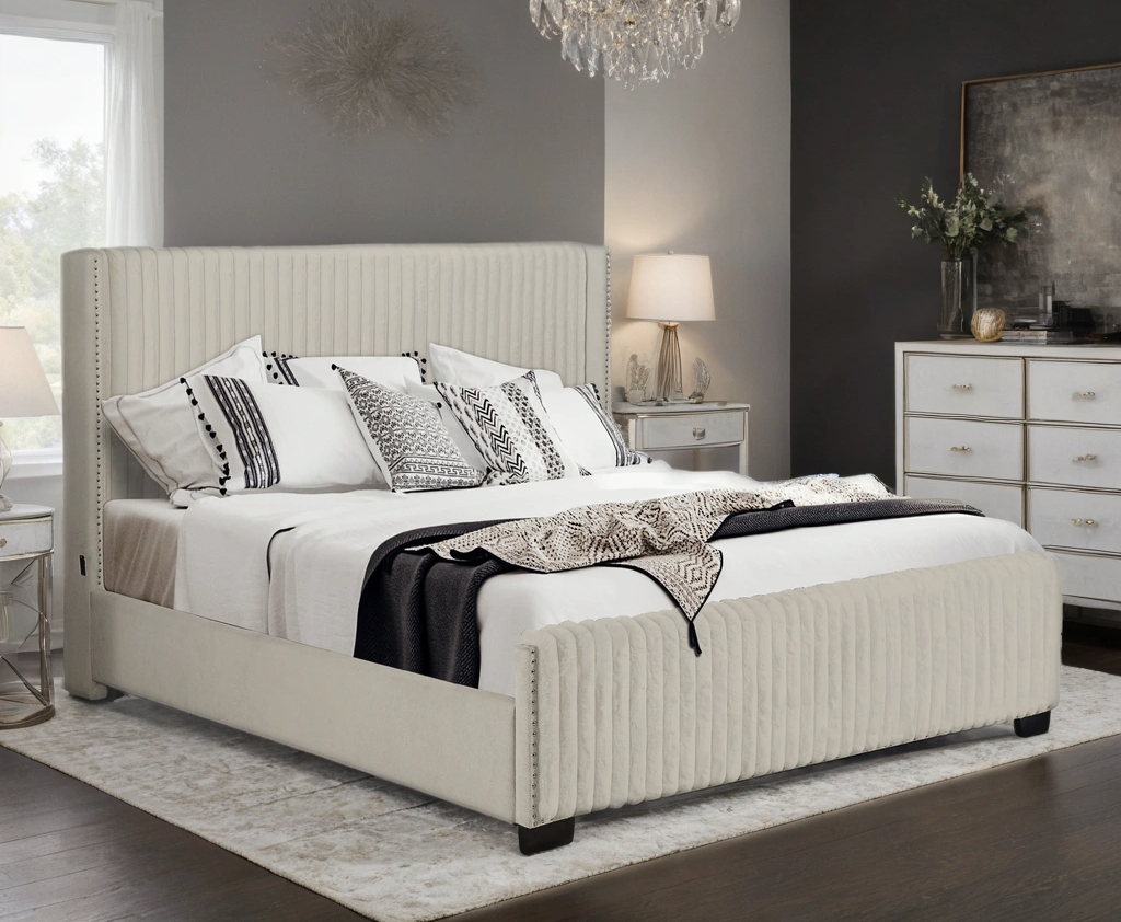 Harry Beige Upholstered USB Panel Queen Bed