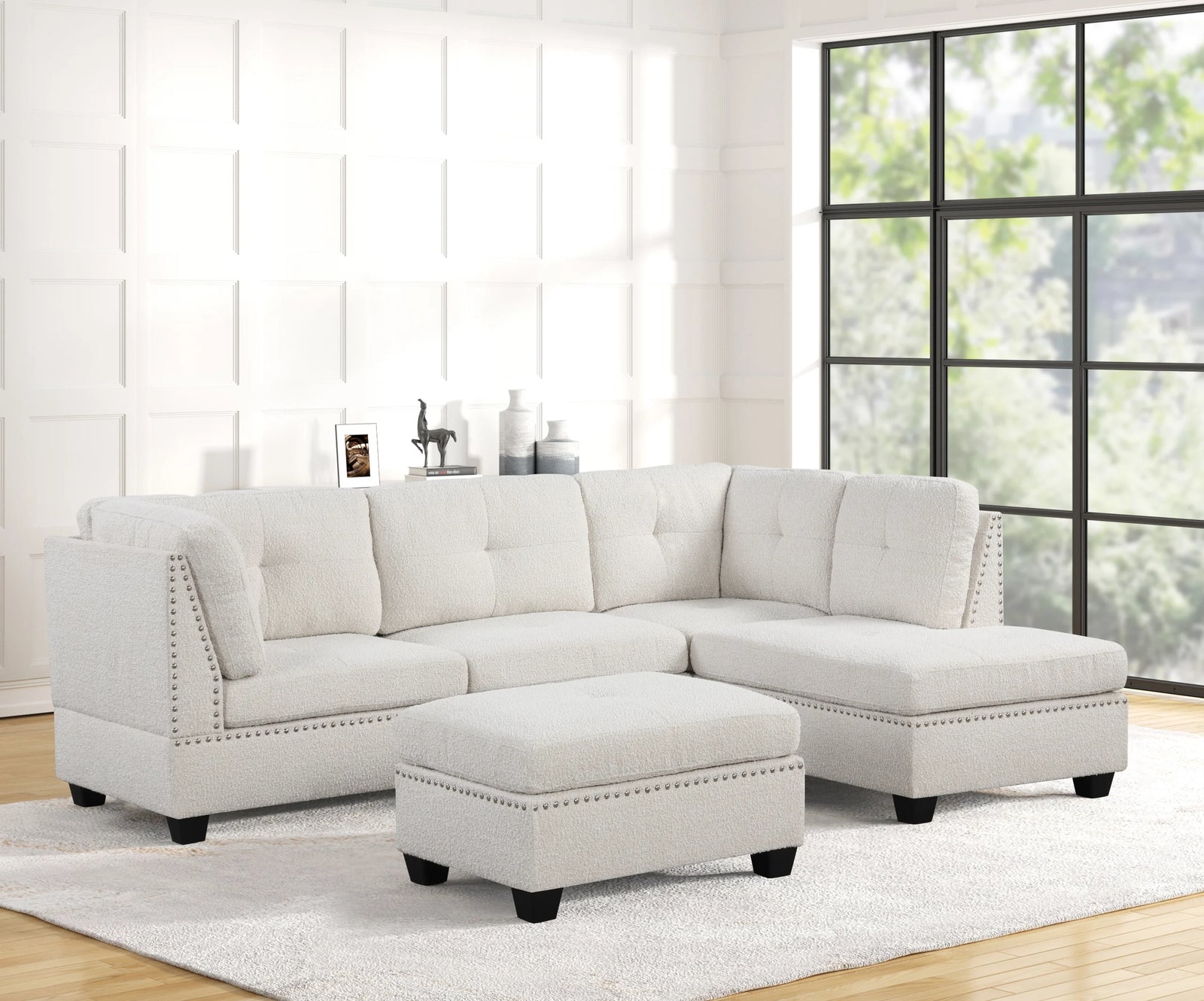 main view of Sienna Boucle Sand Sectional + Ottoman Set sectional sofa