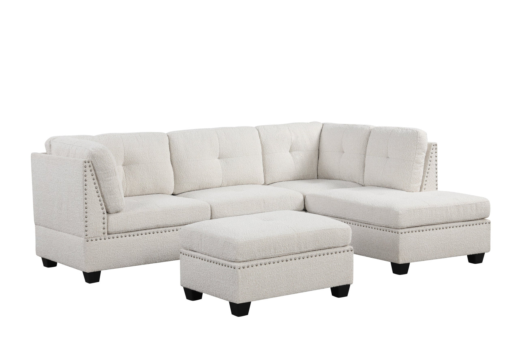 Side angle view of Sienna Boucle Sand Sectional Sofa with Ottoman