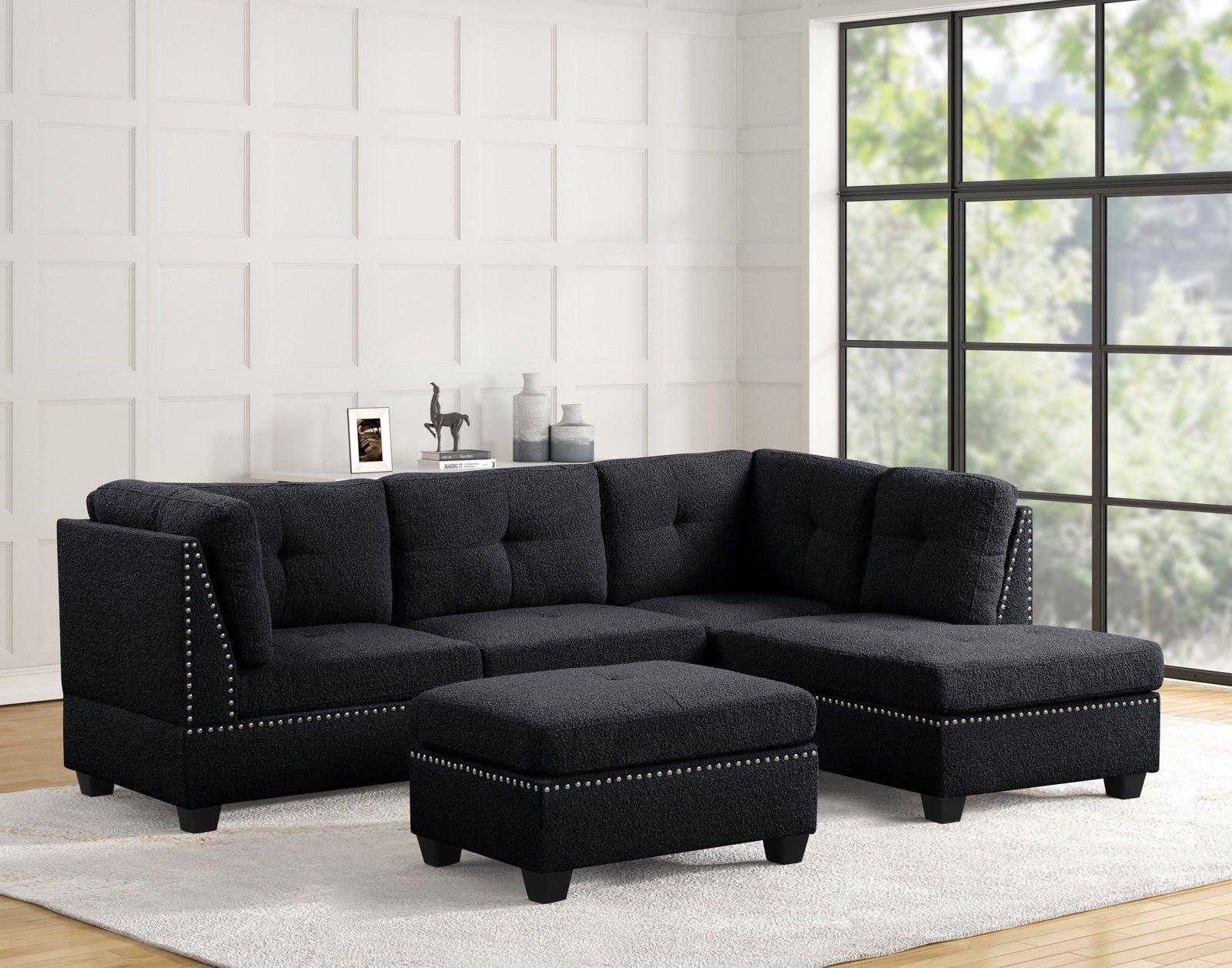 main view of Sienna Boucle Black Sectional + Ottoman Set sectional sofa