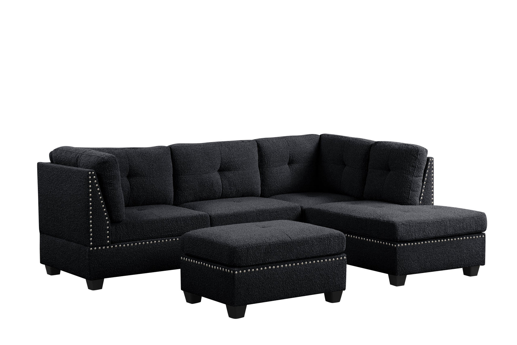 Side view of Sienna black boucle sectional sofa with ottoman