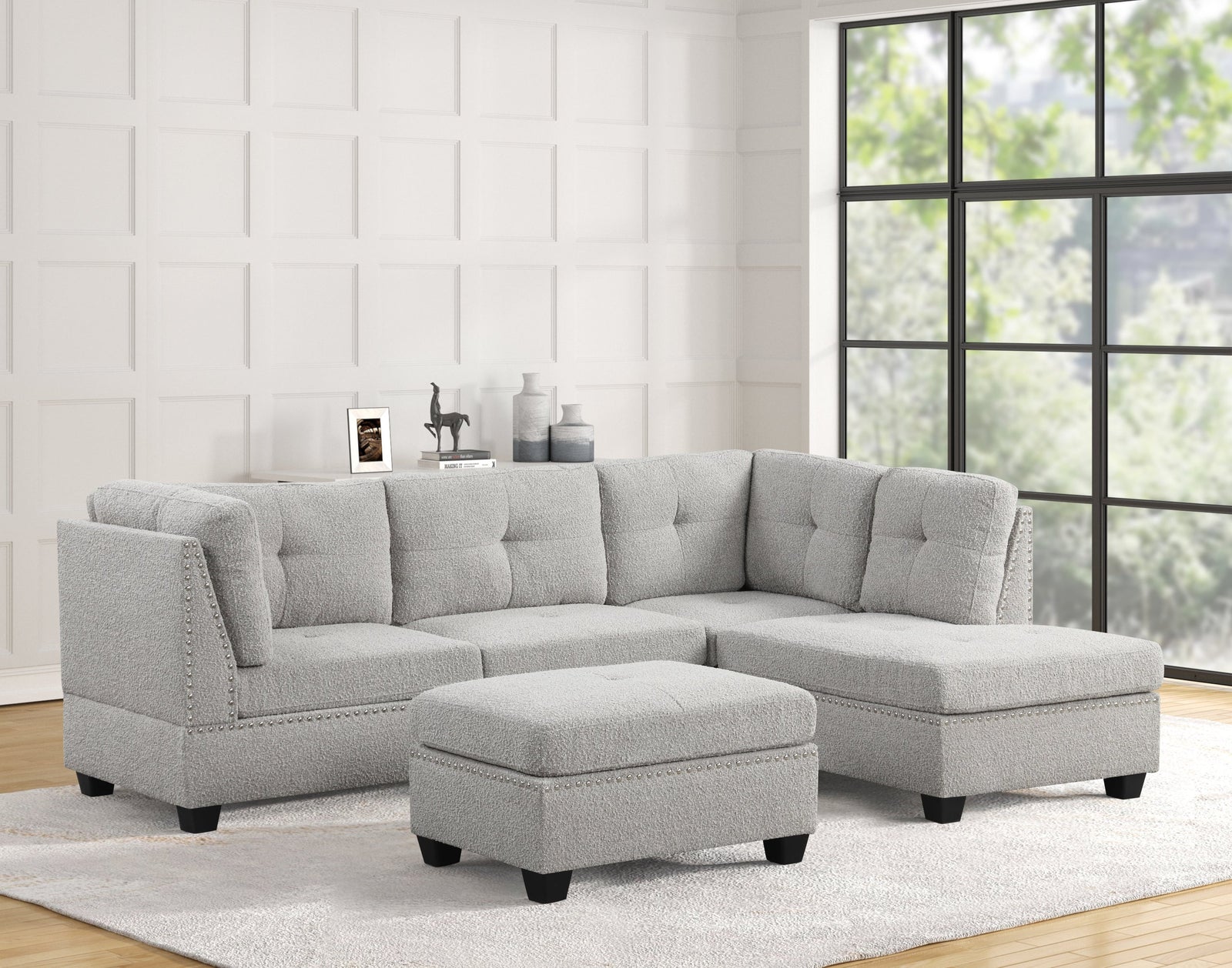 main view of Sienna Boucle Gray Sectional + Ottoman Set sectional sofa