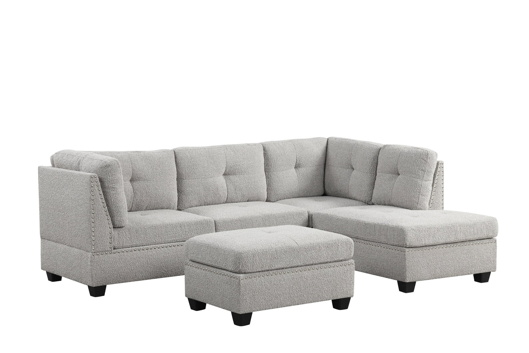 Sienna Gray Boucle Fabric Sectional Sofa with Ottoman side view