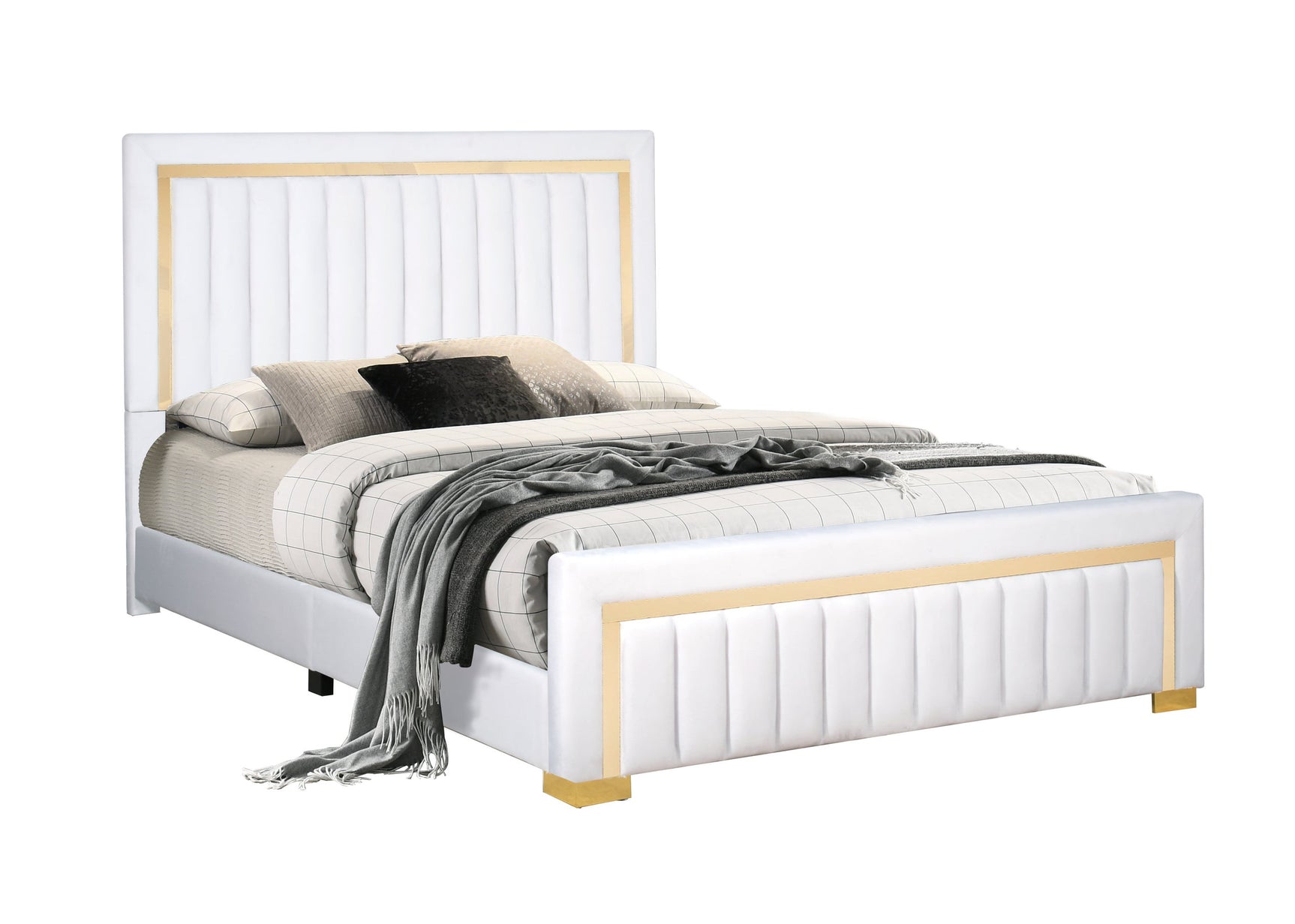 Close-up of beige fabric upholstery on Henry bed