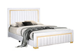 Close-up of upholstered beige fabric headboard