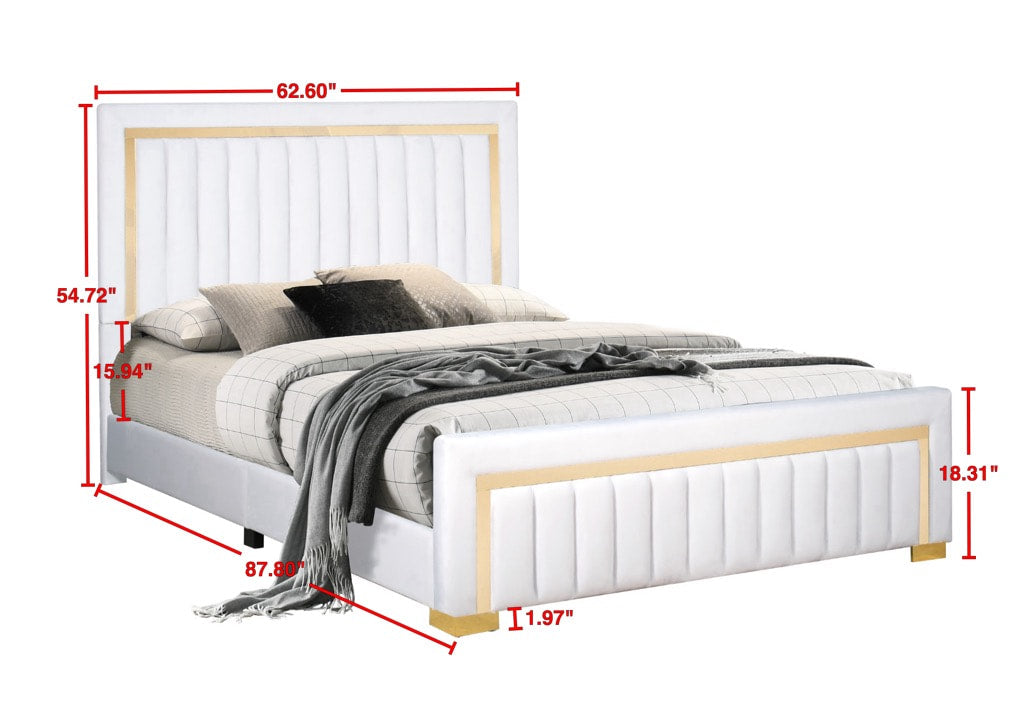 Henry Full Bed showing panel design and beige fabric upholstery