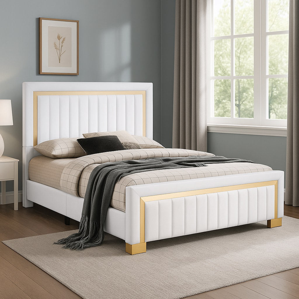 Side angle of Henry White Upholstered Panel King Bed in beige