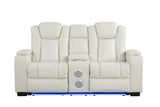 Drop-down table with cupholders and charging pad on Stefano sofa