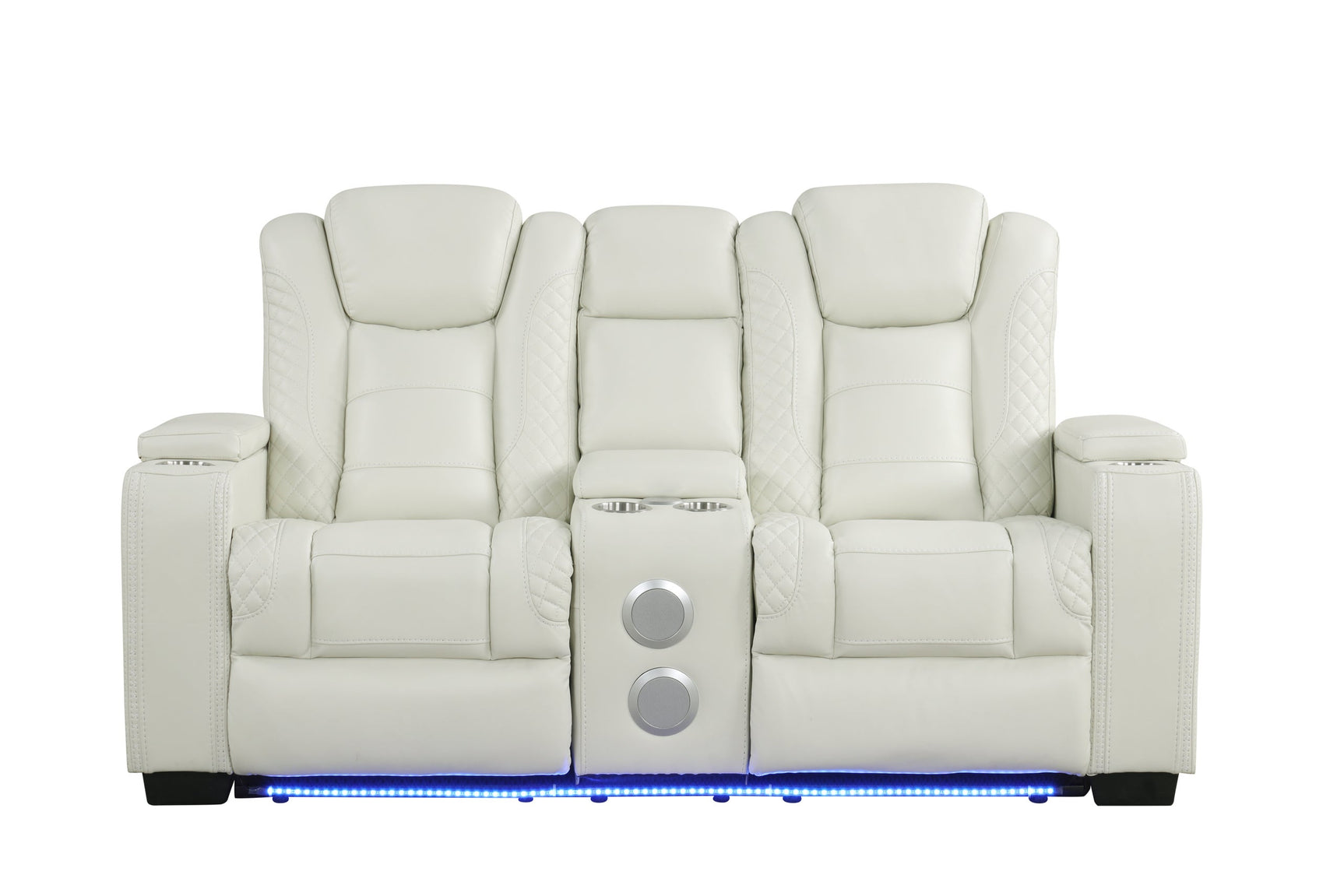 Drop-down table with cupholders and charging pad on Stefano sofa