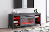 Black TV stand with fireplace and LED lights in ambient living room