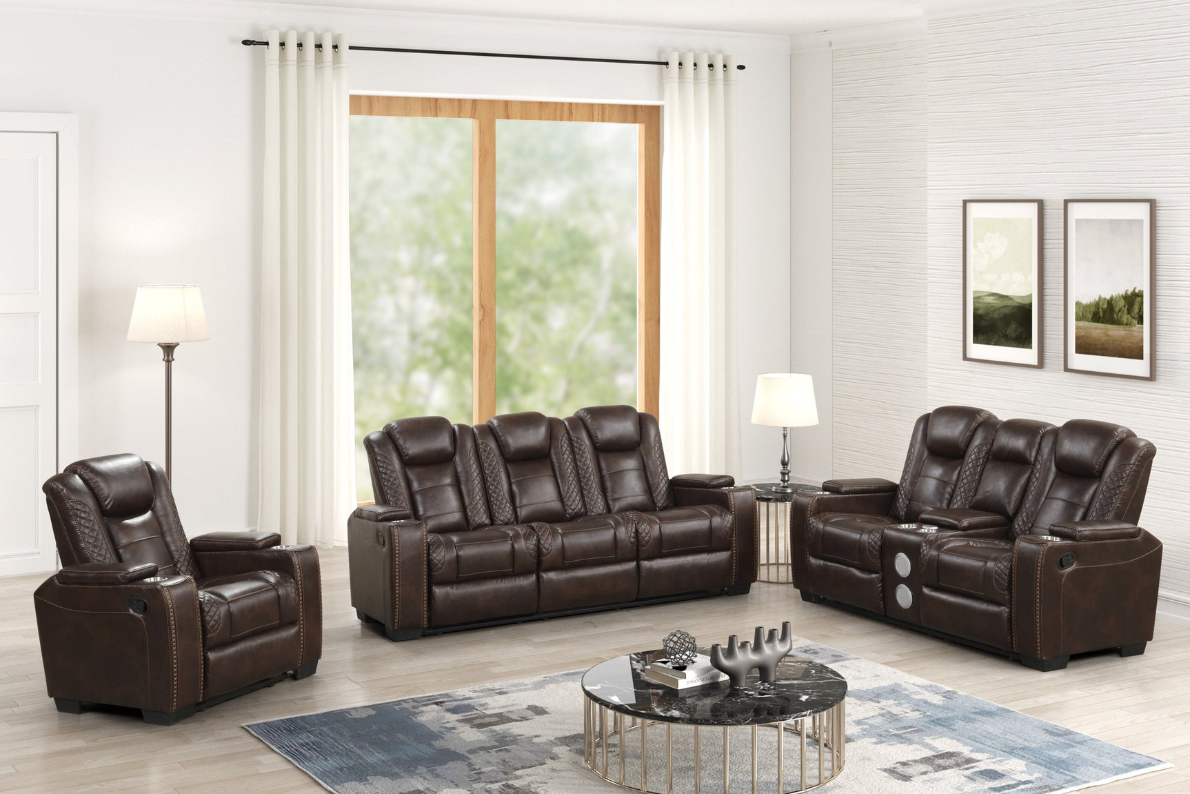 Stefano brown gel leather reclining set close-up of armrest and recliner controls