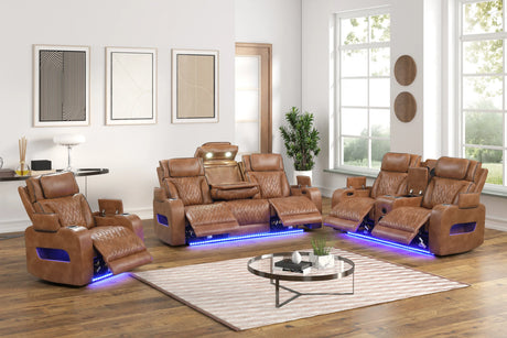 Dubai brown leather loveseat with Bluetooth speaker side view