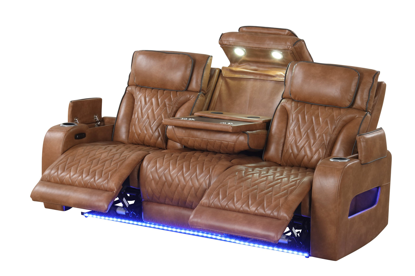 Detail of sofa power reclining controls and USB ports