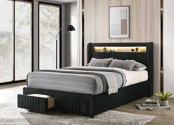 Cupid black upholstered LED storage platform twin bed angled view