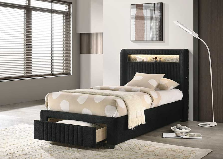 Cupid Full black platform bed footboard showing storage drawers open