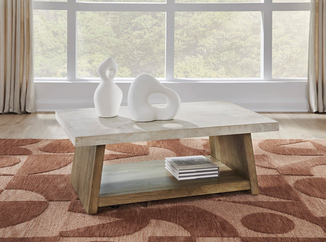 Brendalhouse light brown mango wood cocktail table front angle