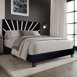 Nico black velvet upholstered king platform bed front angle