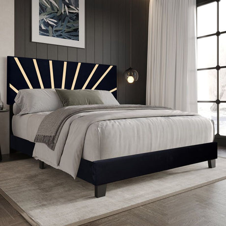 Nico black velvet upholstered king platform bed front angle