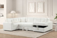 Side view of Forever beige fabric sectional sofa showing chaise