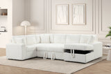 Side view of Forever beige fabric sectional sofa showing chaise