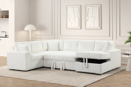 Side view of Forever beige fabric sectional sofa showing chaise