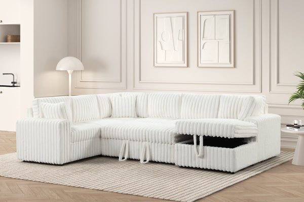 Side view of Forever beige fabric sectional sofa showing chaise