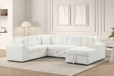 Close-up detail of beige fabric upholstery on sectional sofa