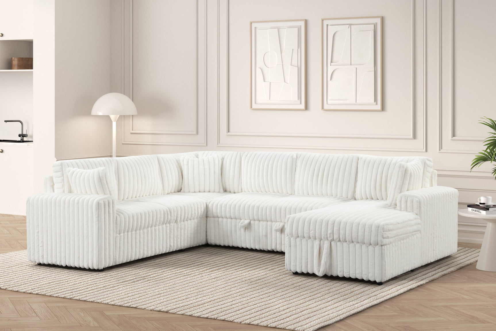 Close-up detail of beige fabric upholstery on sectional sofa