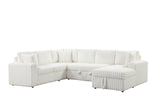 Angled front view of Forever beige fabric sectional sofa with pull-out bed