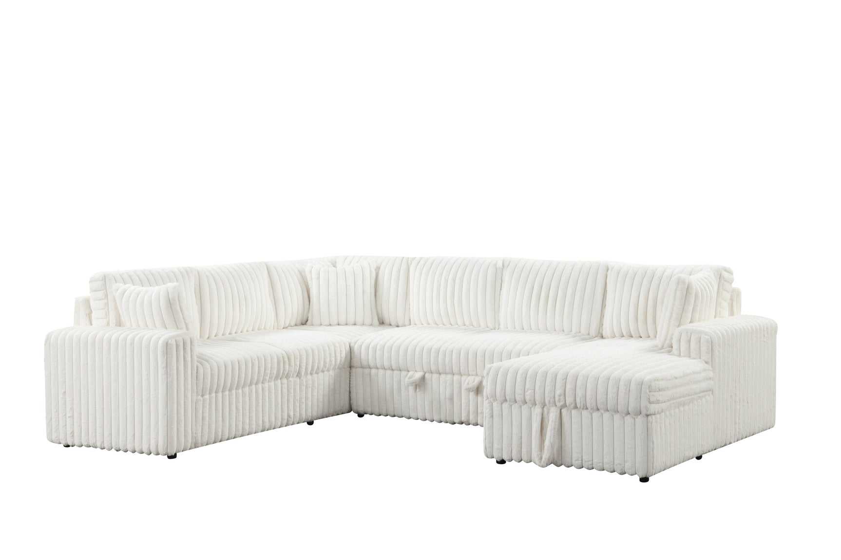 Angled front view of Forever beige fabric sectional sofa with pull-out bed