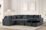 Side view of Forever charcoal fabric sectional sofa and storage chaise