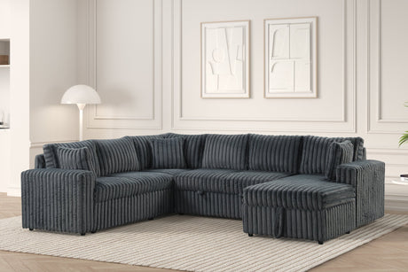 Detail view of charcoal fabric upholstery on Forever sectional sofa