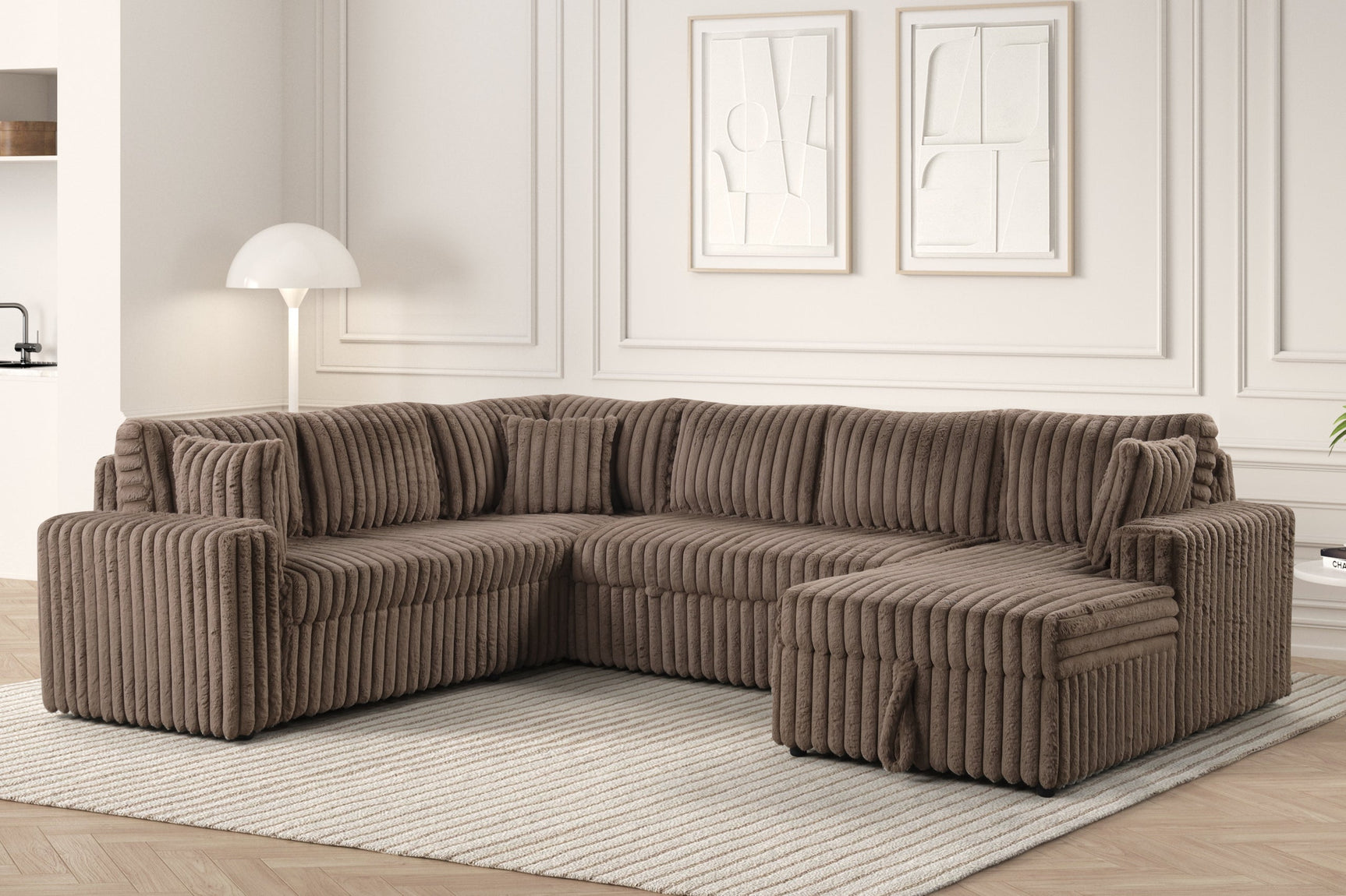 Side view of Forever mocha fabric sectional sofa showing chaise