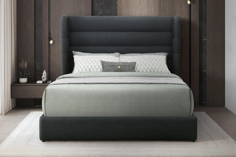 Side angle of Hero Black Upholstered Bluetooth Speaker Platform King Bed