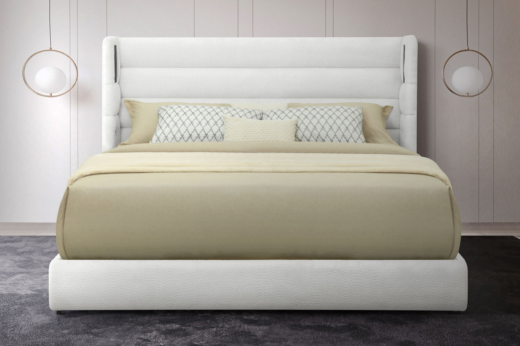 Hero white upholstered platform king bed, angled side view