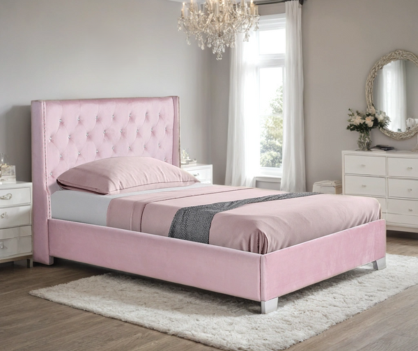 Diamond Pink Velvet Upholstered Twin Panel Bed angled view