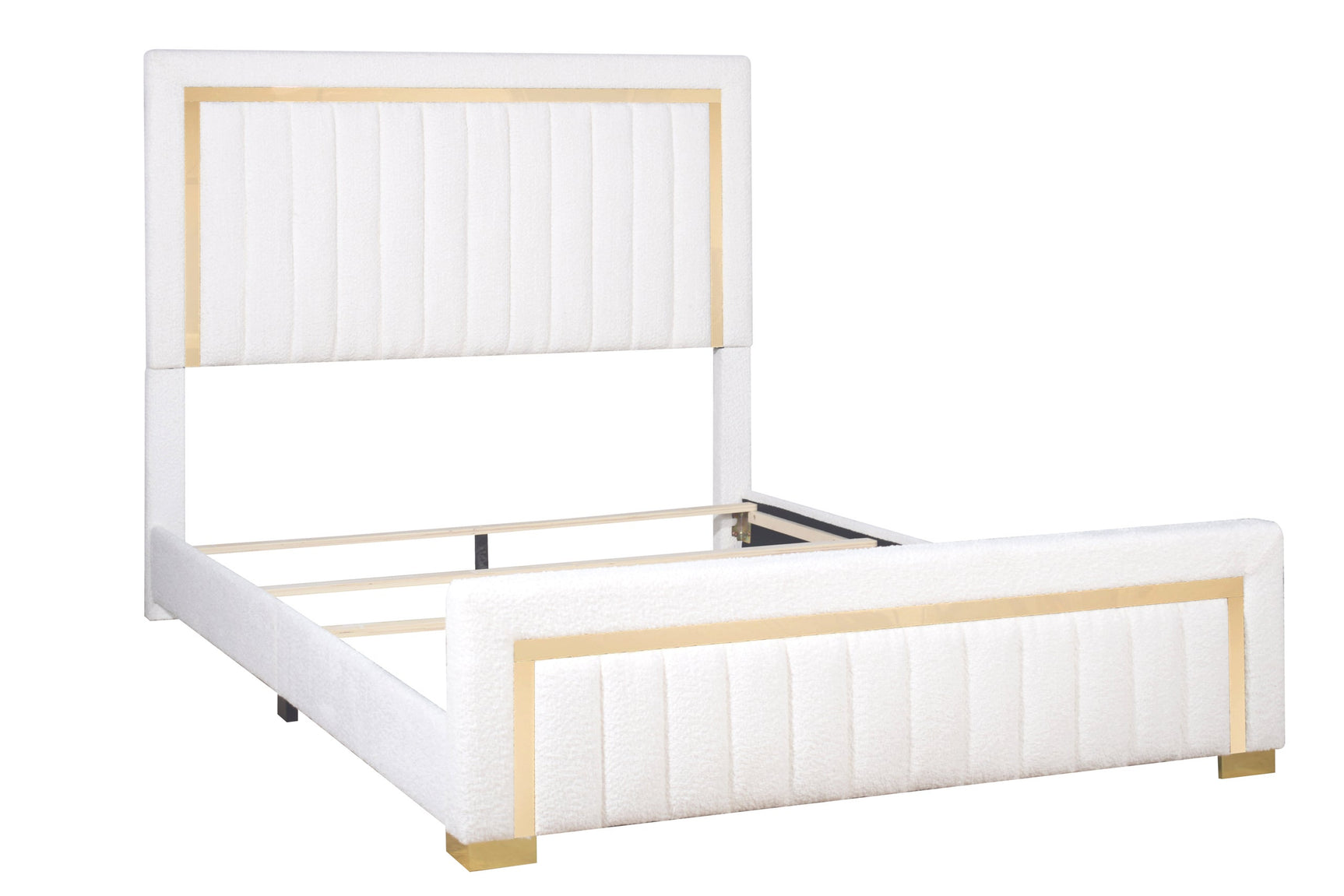 Full bed angle showing boucle upholstery