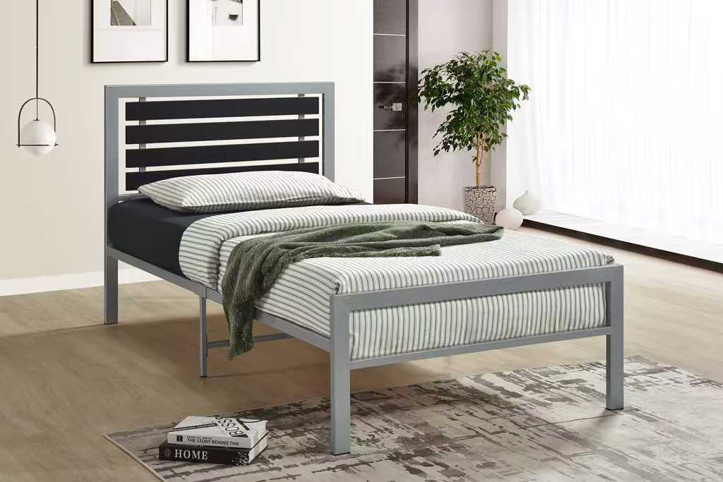Bemia gray metal platform twin bed frame angled side view