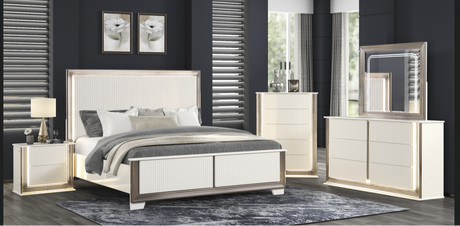Beverly White Upholstered Panel Bedroom Set bed overview with LED-lit headboard