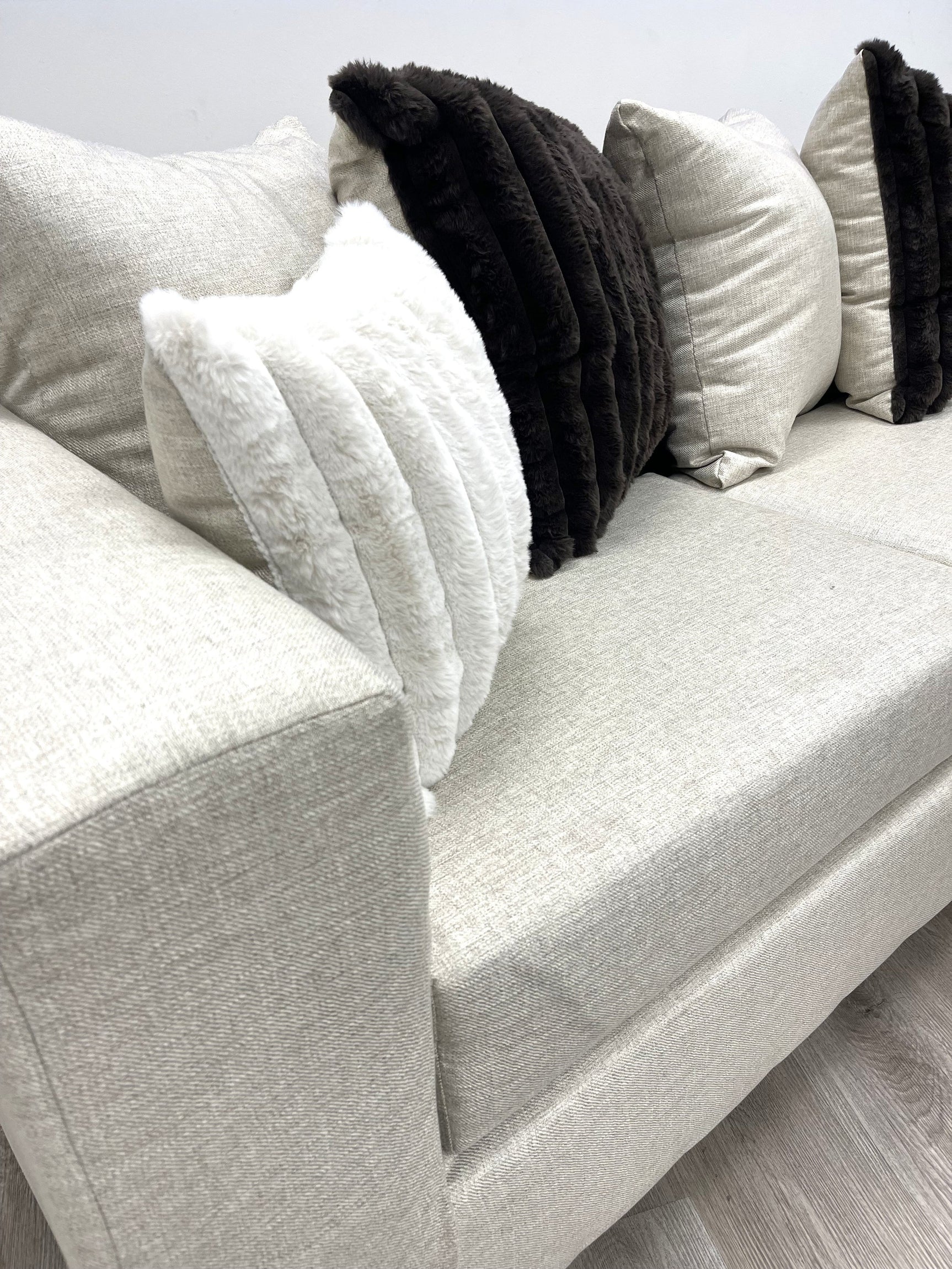Side view of Monroe Beige Heavy Linen Sectional sofa showcasing LAF sofa and RAF chaise