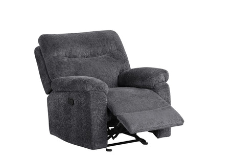 Full living room setup with Bravo reclining sofa set in dark gray teddy bear fabric