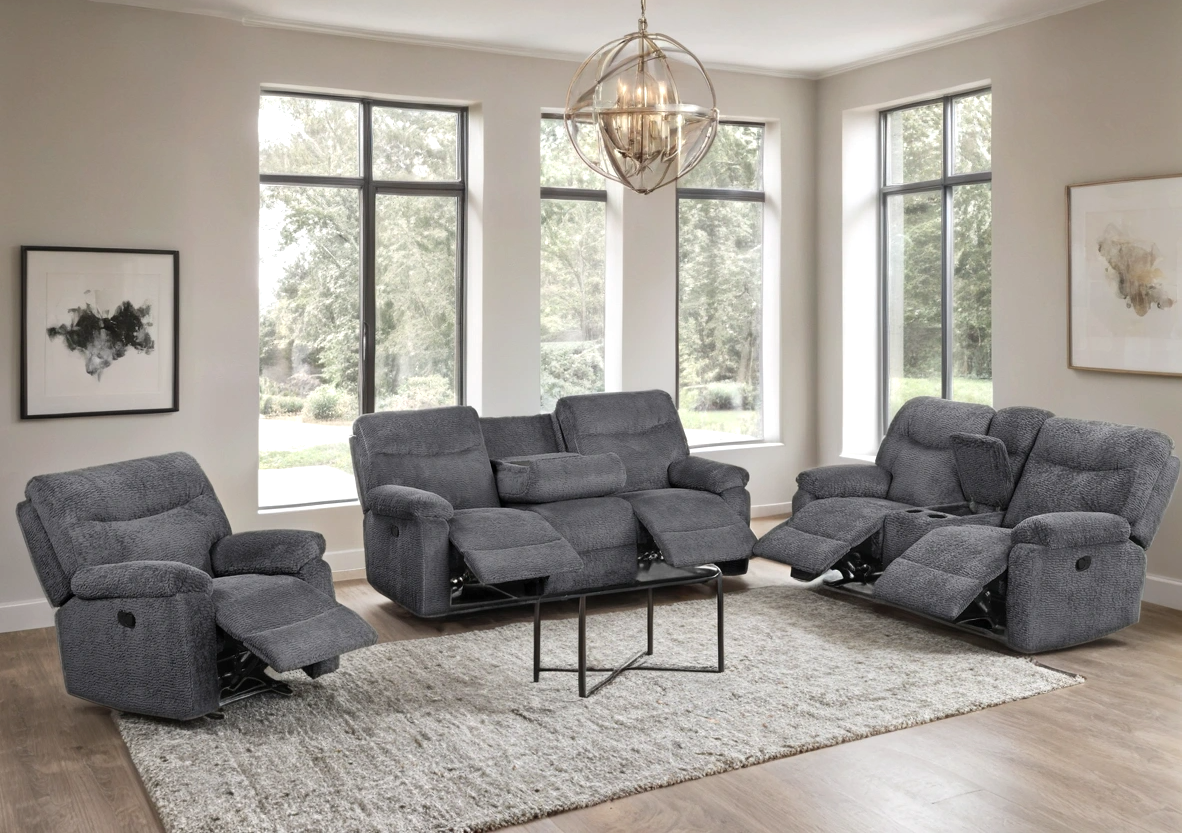 Single recliner in dark gray teddy bear fabric side angle