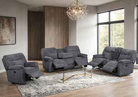 Loveseat in dark gray teddy bear fabric showing reclining feature