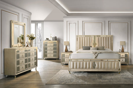 Venetian Champagne Upholstered LED Platform Bedroom Set bed side angle