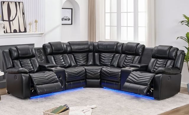 Ace black gel leather reclining sectional sofa front view