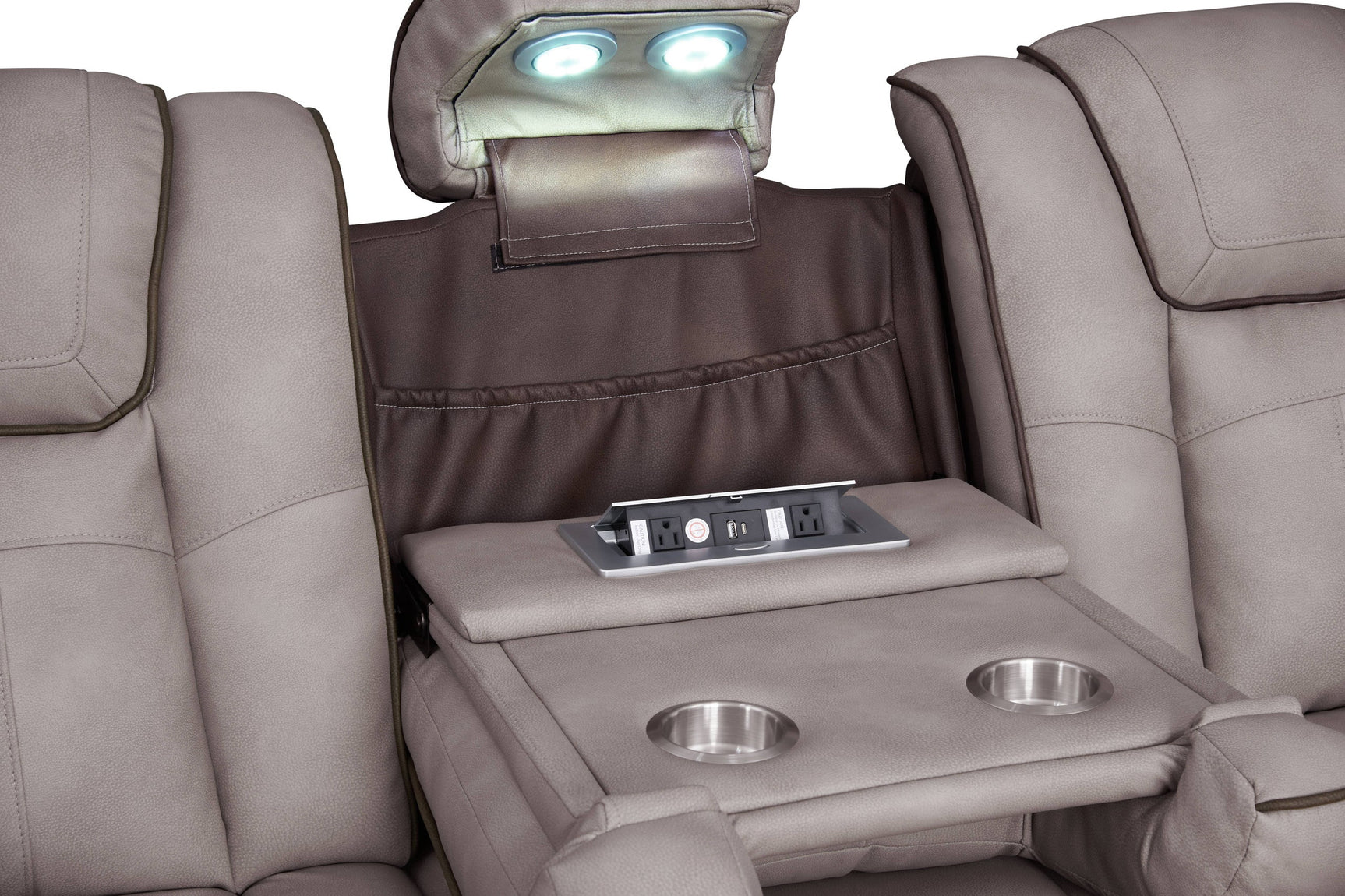 Armrest with flip-top storage and cup holder detail
