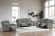 Hudson dark gray chenille reclining sofa with drop-down table and cup holders side view