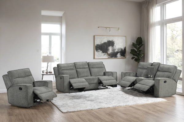 Hudson dark gray chenille reclining sofa with drop-down table and cup holders side view
